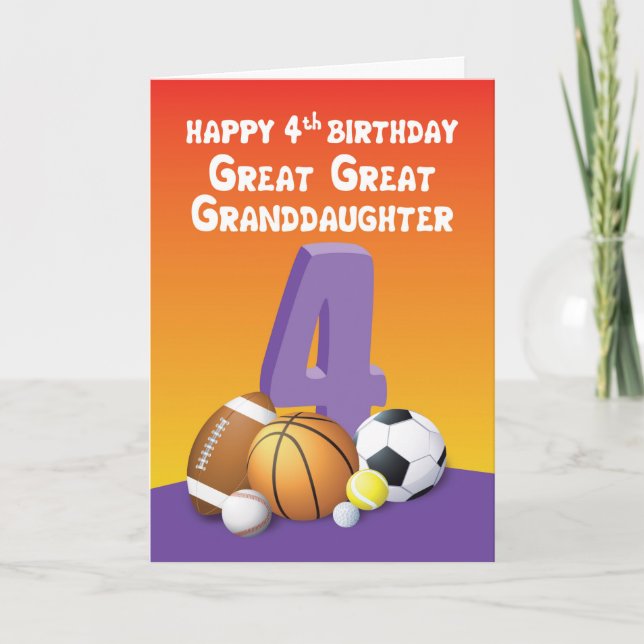 Carte Great Great Grand-fille 4Anniversaire Sports Ball (Devant)