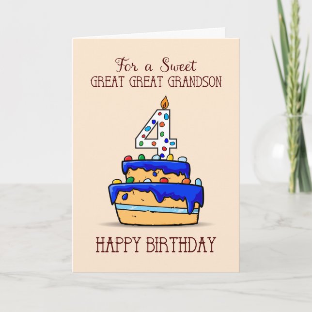Carte Great Great Grand-fils 4e anniversaire, gâteau ble (Devant)