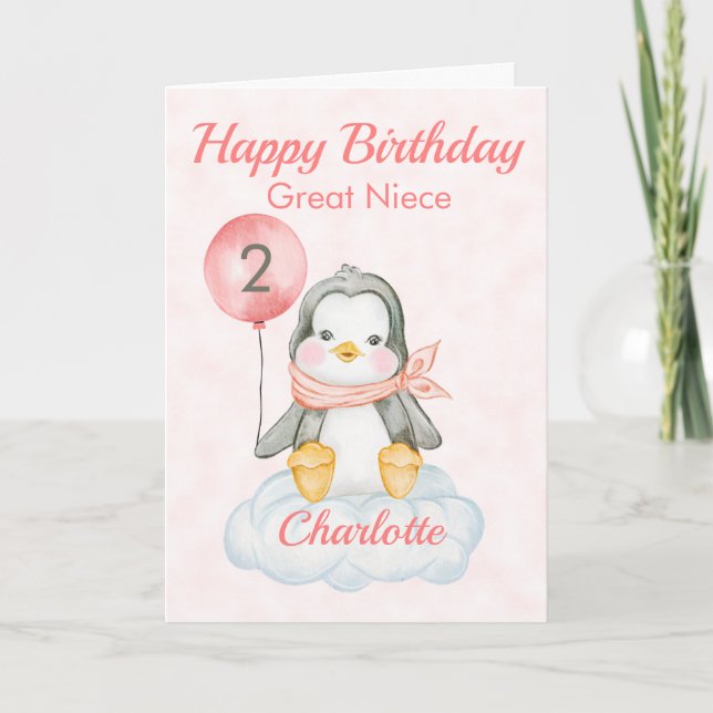 Carte Great Niece Penguin Joyeux 2e anniversaire (Devant)