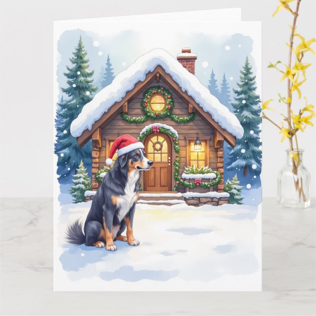 Carte Greater Swiss Mountain Dog Snowy Cabin Santa Hat (Fleur jaune)