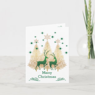 Carte Green and gold Christmas tree, reindeer