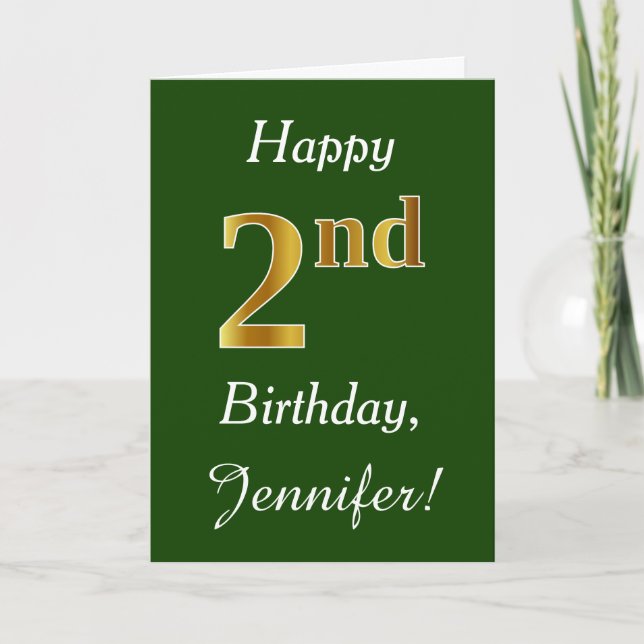 Carte Green, Faux Gold 2e anniversaire + Nom personnalis (Devant)
