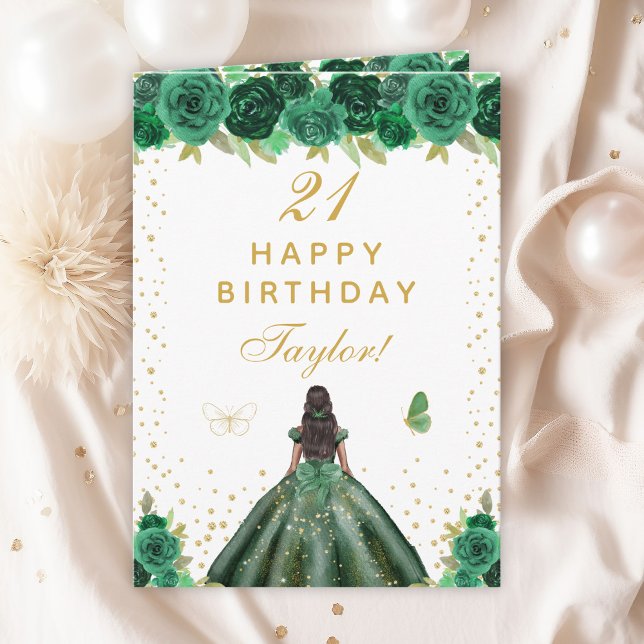 Carte Green Floral Dark Skin Girl Joyeux anniversaire (Créateur téléchargé)