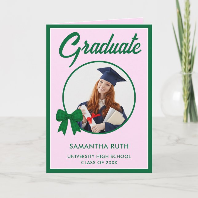 Carte Green Gingham Bow Photo Graduation  (Devant)