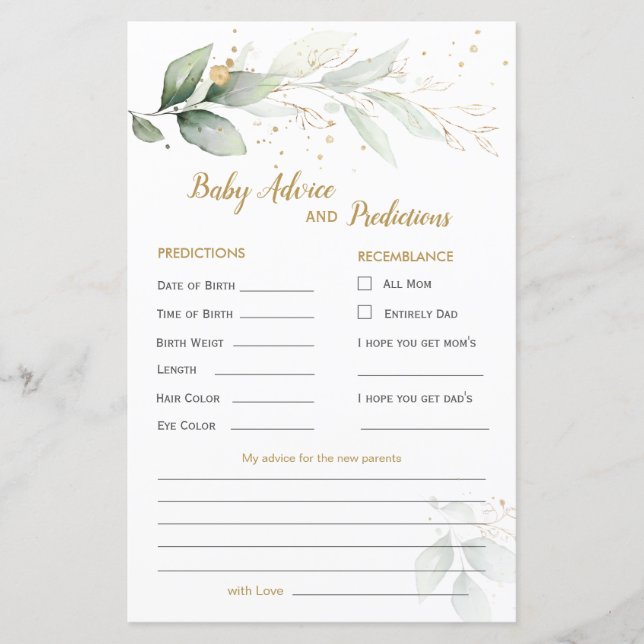 Carte Green & Gold Foliage Baby Prediction & Conse (Devant)