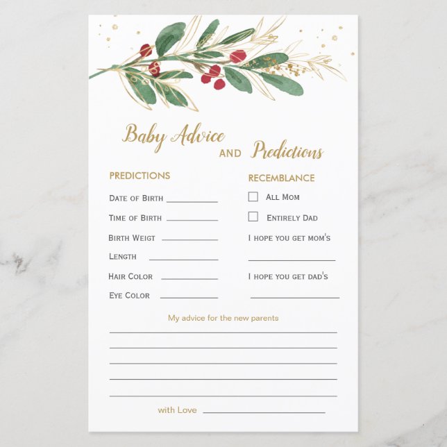 Carte Green & Gold Foliage Baby Prediction & Conse (Devant)