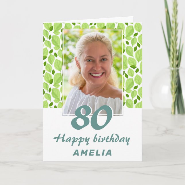 Carte Green Leaf Pattern Botanical 80th Birthday Photo (Devant)