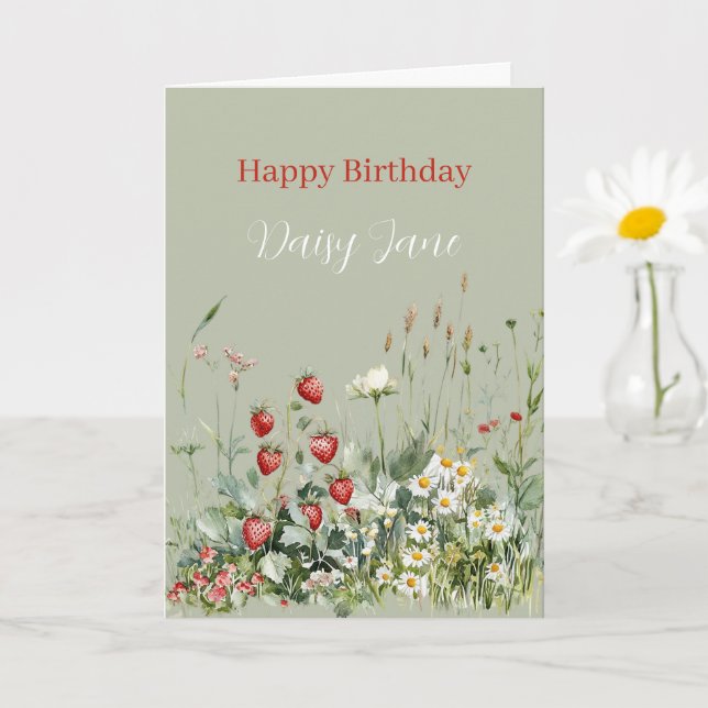 Carte Green Strawberries Daisy Flowers Birthday (Petite plante)