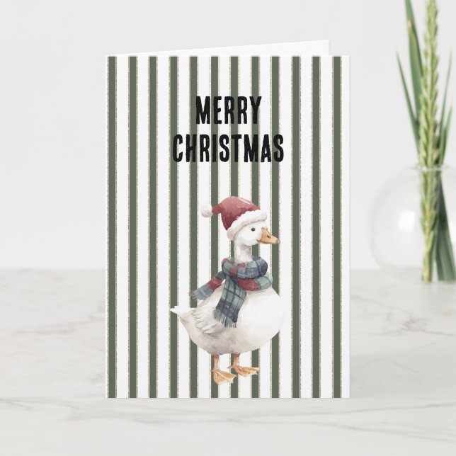 Carte Green White Stripes Goose with Santa Hat Christmas (Devant)