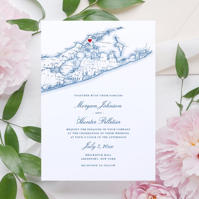 Carte Greenport NY Élégant Mariage bleu marine (Greenport NY Long Island Map Wedding Invitation in Elegant Navy Blue by Coastal Map Designs)
