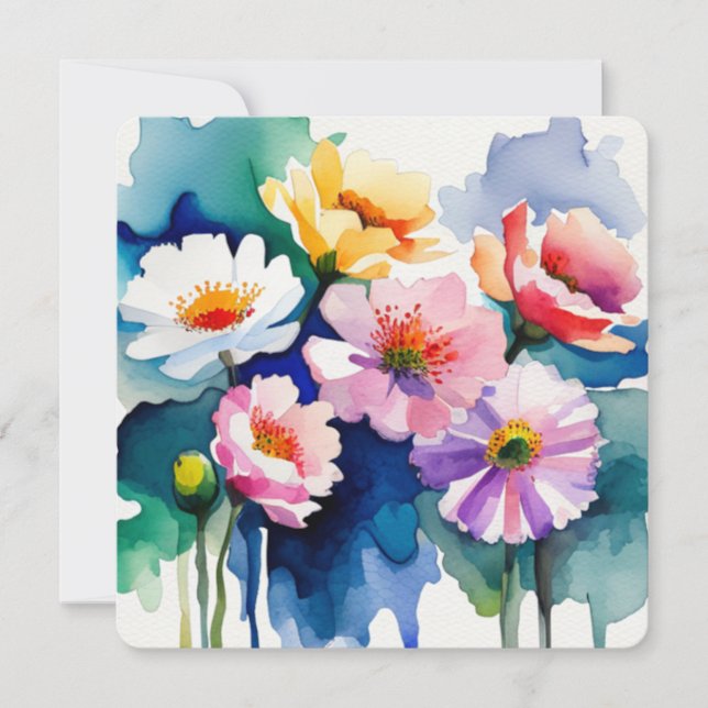 Carte Greeting Card with Watercolor Flowers - 4 (Devant)