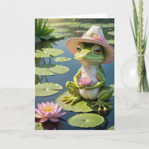 Carte Grenouille d'anniversaire assise sur un tapis de L