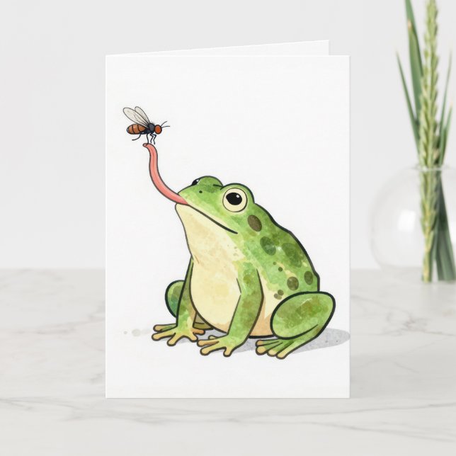 Carte Grenouille d'anniversaire attrapant une mouche (Devant)