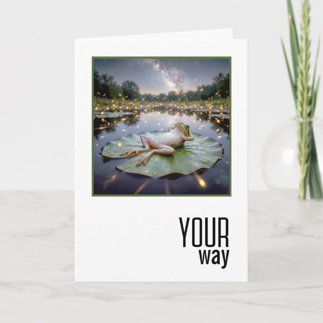 Carte Grenouille d'anniversaire flottant sur un nénuphar (Devant)