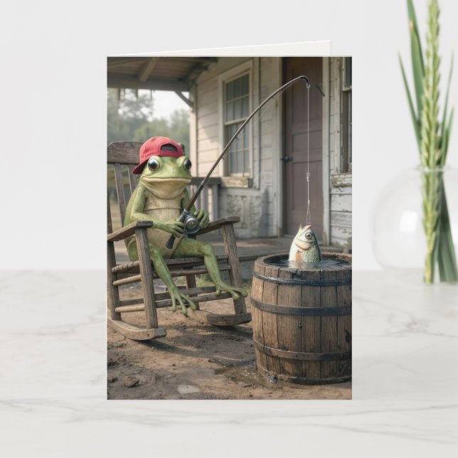Carte Grenouille d'anniversaire pêchant dans un tonneau  (Devant)