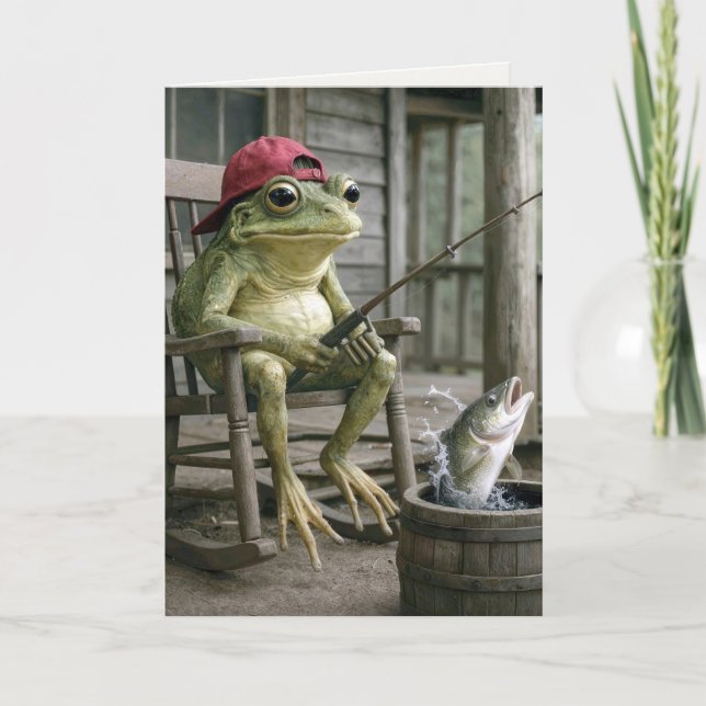 Carte Grenouille d'anniversaire pêchant dans un tonneau  (Devant)