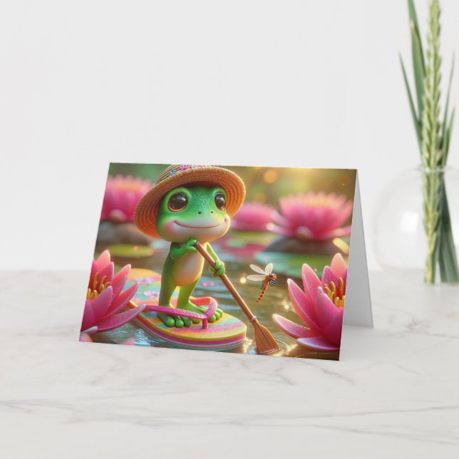 Carte Grenouille d'anniversaire sur un tonneau dans un é (Devant)