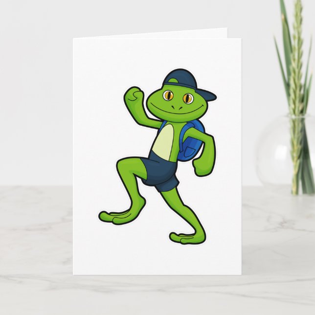 Carte Grenouille en course avec sac à dos et chapeau (Devant)