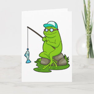 Carte Grenouille en pêcheur avec canne à pêche et poisso