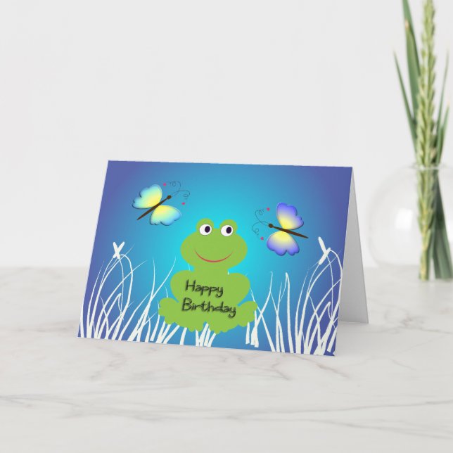 Carte Grenouille et papillon mignons. Joyeux (Devant)