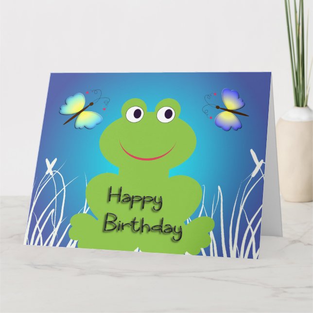 Carte Grenouille et papillon mignons.Joyeux Anniversaire (Devant)