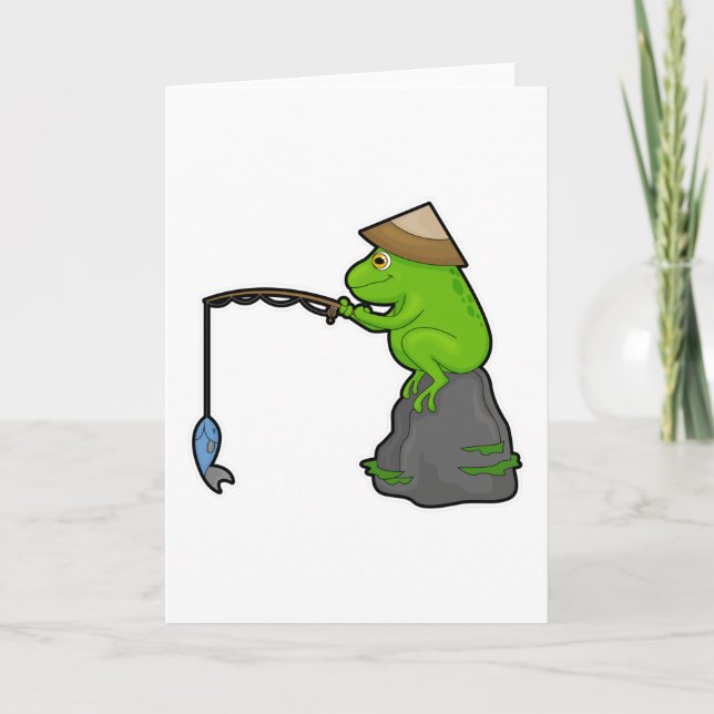 Carte Grenouille sur pierre à la pêche avec canne à pêch (Devant)