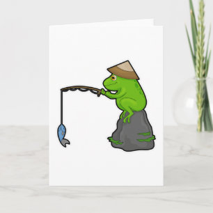 Carte Grenouille sur pierre à la pêche avec canne à pêch