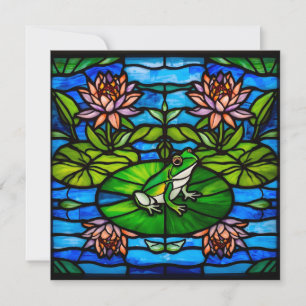 Carte Grenouille verte en vitrail et fleurs de nénuphar
