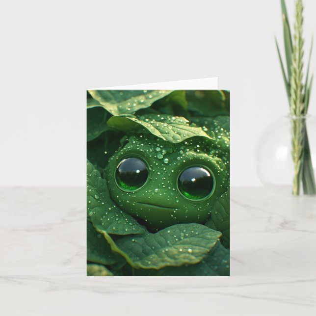 Carte Grenouille verte mignonne cachée dans des feuilles (Devant)
