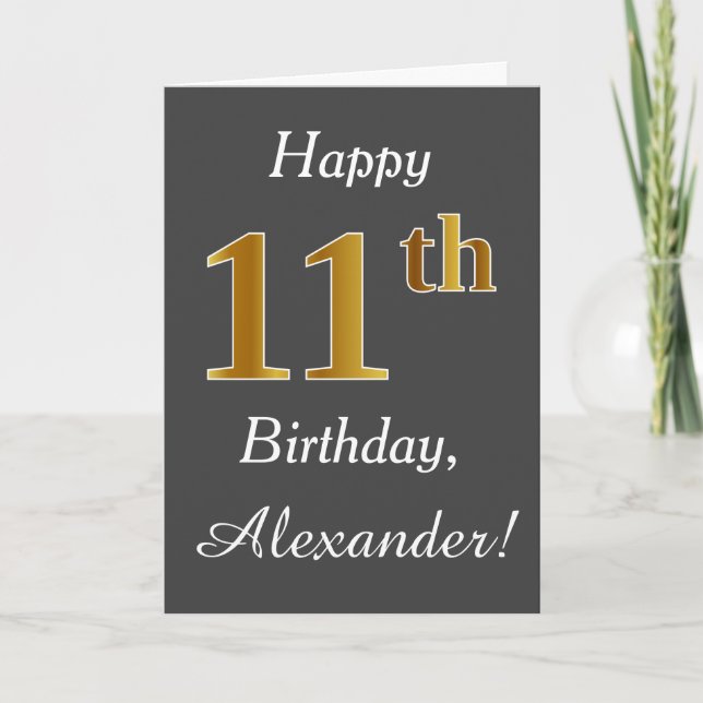 Carte Grey, Faux Gold 11e anniversaire + Nom personnalis (Devant)