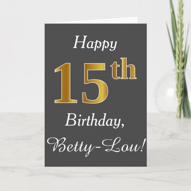 Carte Grey, Faux Gold 15e anniversaire + Nom personnalis (Devant)