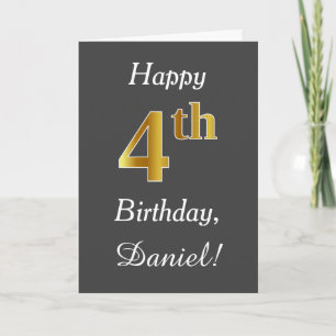 Carte Grey, Faux Gold 4th Birday + Nom personnalisé