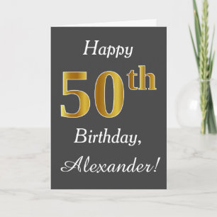 Carte Grey, Faux Gold 50th Birthday + Nom personnalisé