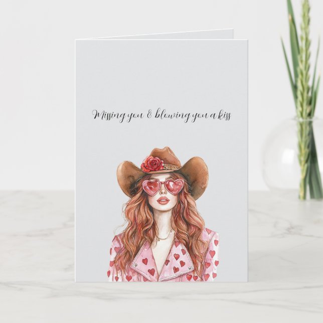 Carte Grey Red Head Lady Cowgirl Blowing You A Kiss (Devant)