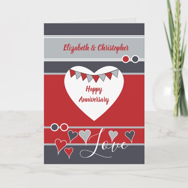 Carte Grey red with hearts and bunting anniversary (Devant)