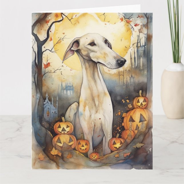 Carte Greyhound d'Halloween avec citrouilles effrayant (Devant)