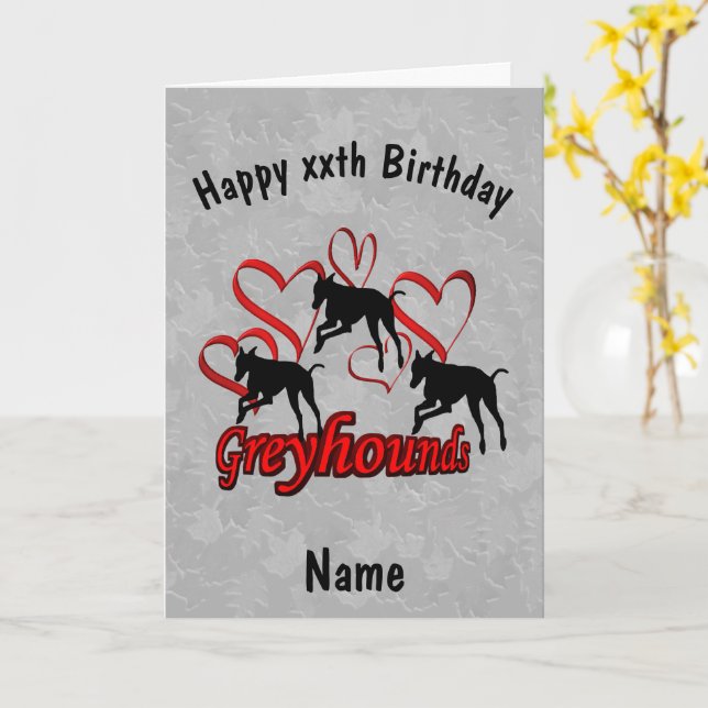 Carte Greyhounds Et Coeurs Rouges Anniversaire (Fleur jaune)