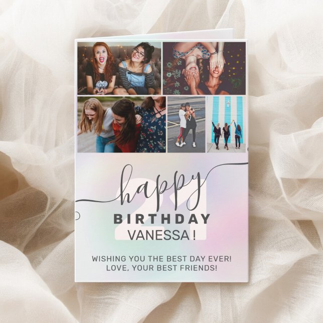Carte Grille photos d'anniversaire de l'arc-en-ciel past (Pastel rainbow holographic birthday photos grid card)
