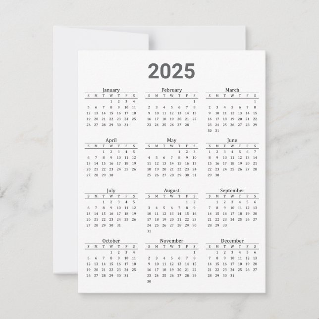 Carte Gris et blanc 2025 Année à un coup d'oeil Calendri (Devant)