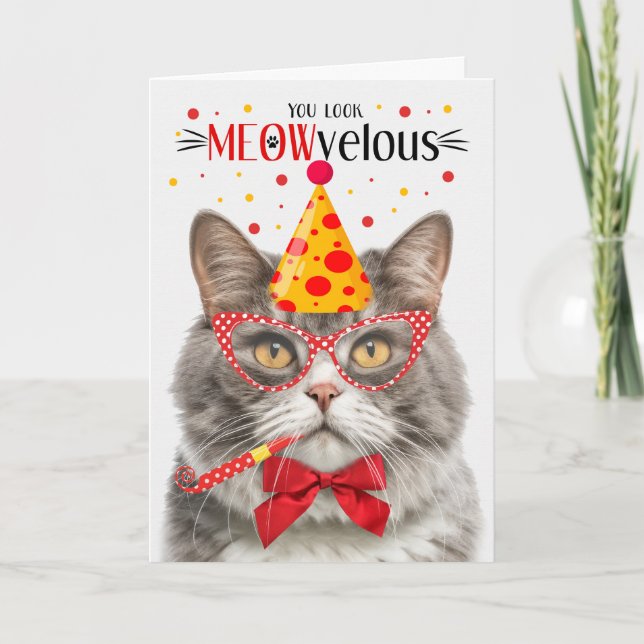 Carte Gris et Marbre blanc Chat MEOWvelous Anniversaire (Devant)