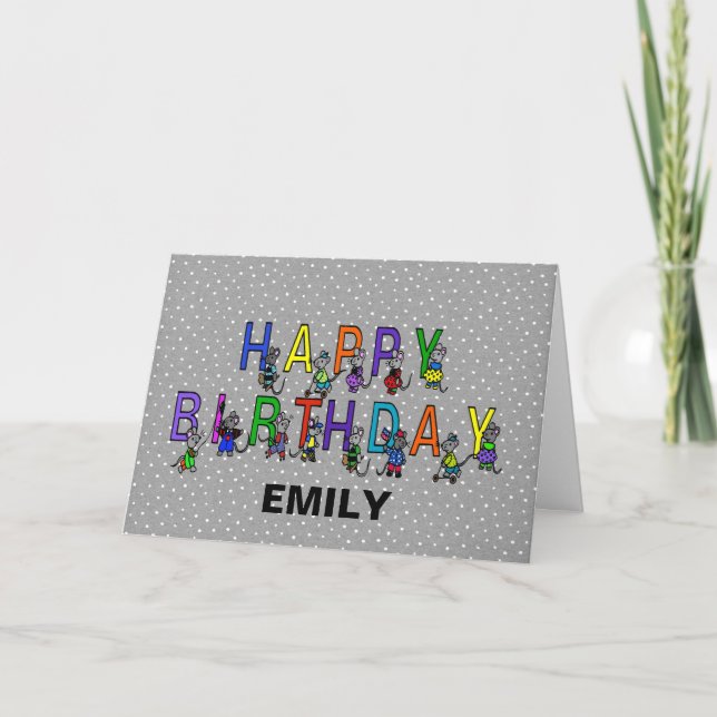 Carte Gris souris d'anniversaire sur Pois (Devant)