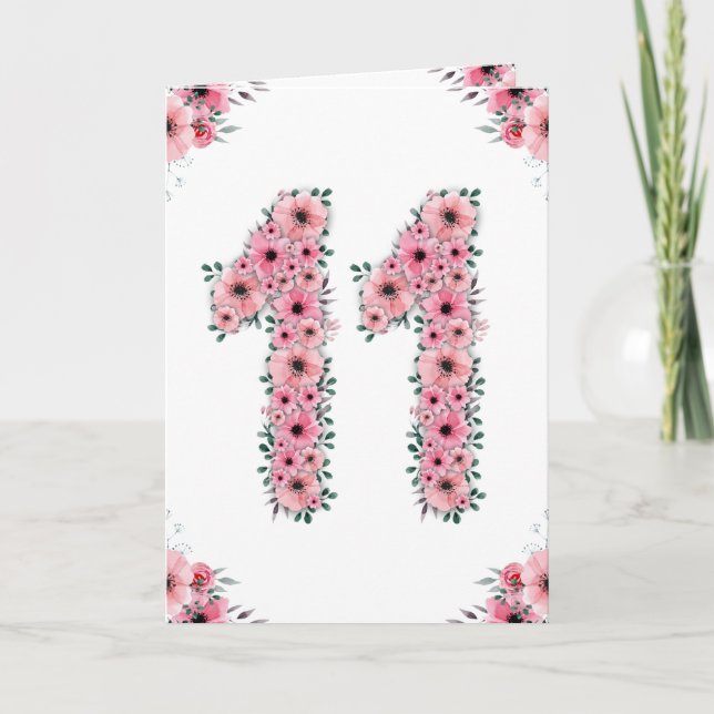 Carte Gros 11e anniversaire fille Fleurs roses Lieux ver (Devant)