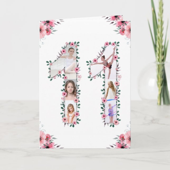 Carte Gros 11e anniversaire fille photo Collage Fleur ro (Devant)