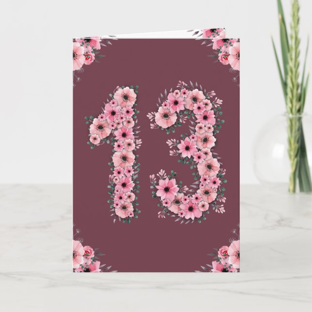 Carte Gros 13e anniversaire Fleurs roses Green Foliage G (Devant)