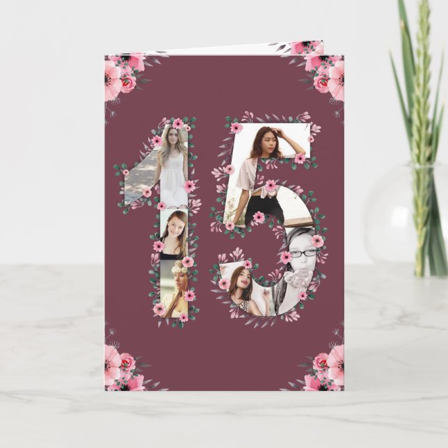 Carte Gros 15e anniversaire Photo Collage Fille Fleur ro (Devant)