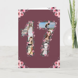 Carte Gros 17ème anniversaire Photo Collage Fille Fleur 