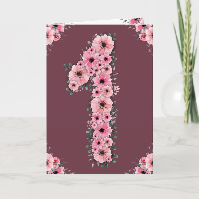 Carte Gros 1er anniversaire fille Fleurs roses Lieux ver (Devant)