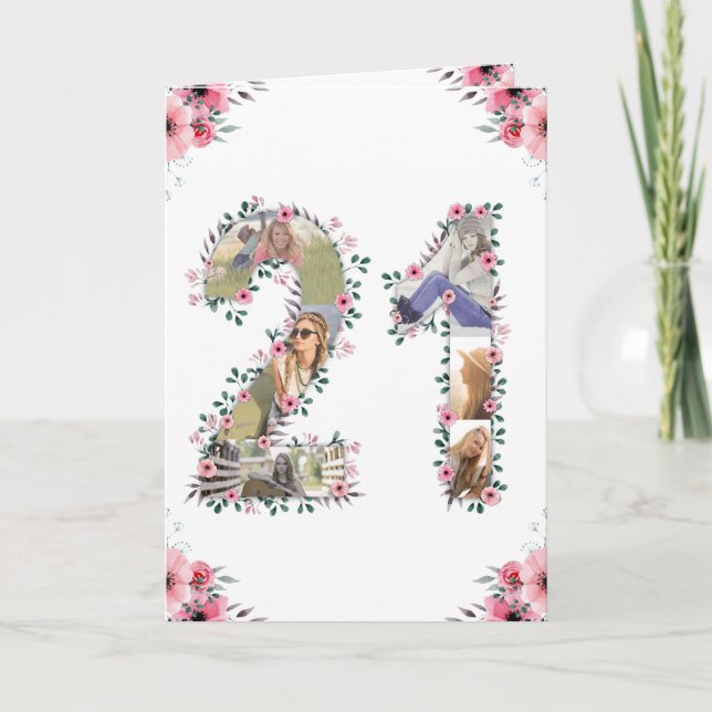 Carte Gros 21e anniversaire Photo Collage Rose Fleur Bla (Devant)