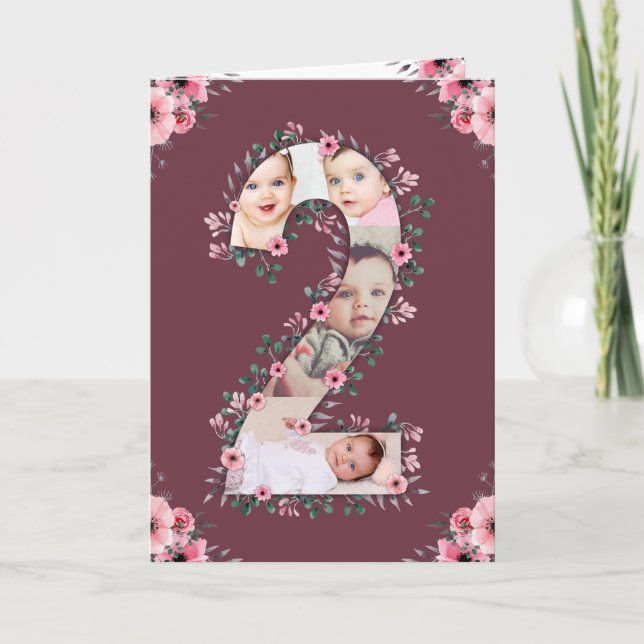 Carte Gros 2e anniversaire fille photo Collage Fleur ros (Devant)
