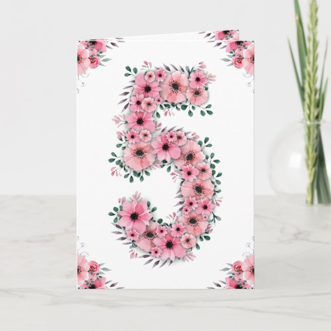 Carte Gros 5e anniversaire fille Fleurs roses Lieux vert (Devant)